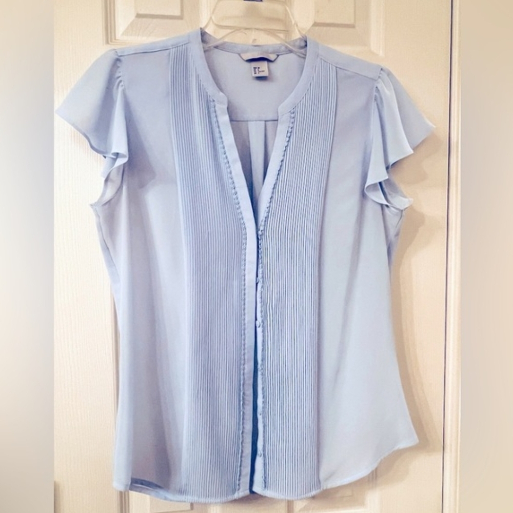 H&M Light Blue Pintuck Ruffle Sleeve Blouse